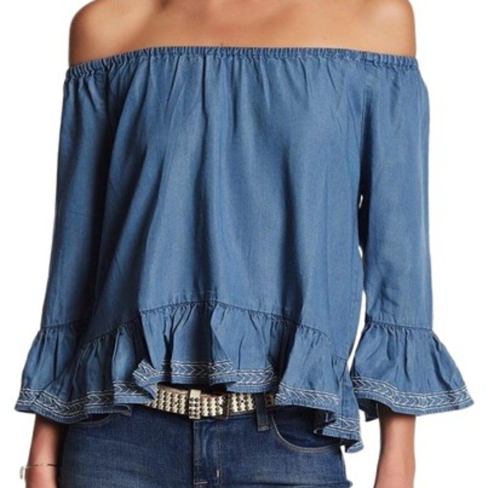 Walter Baker Womens Torrence Off The Shoulder Top Size XS Blue Chambray